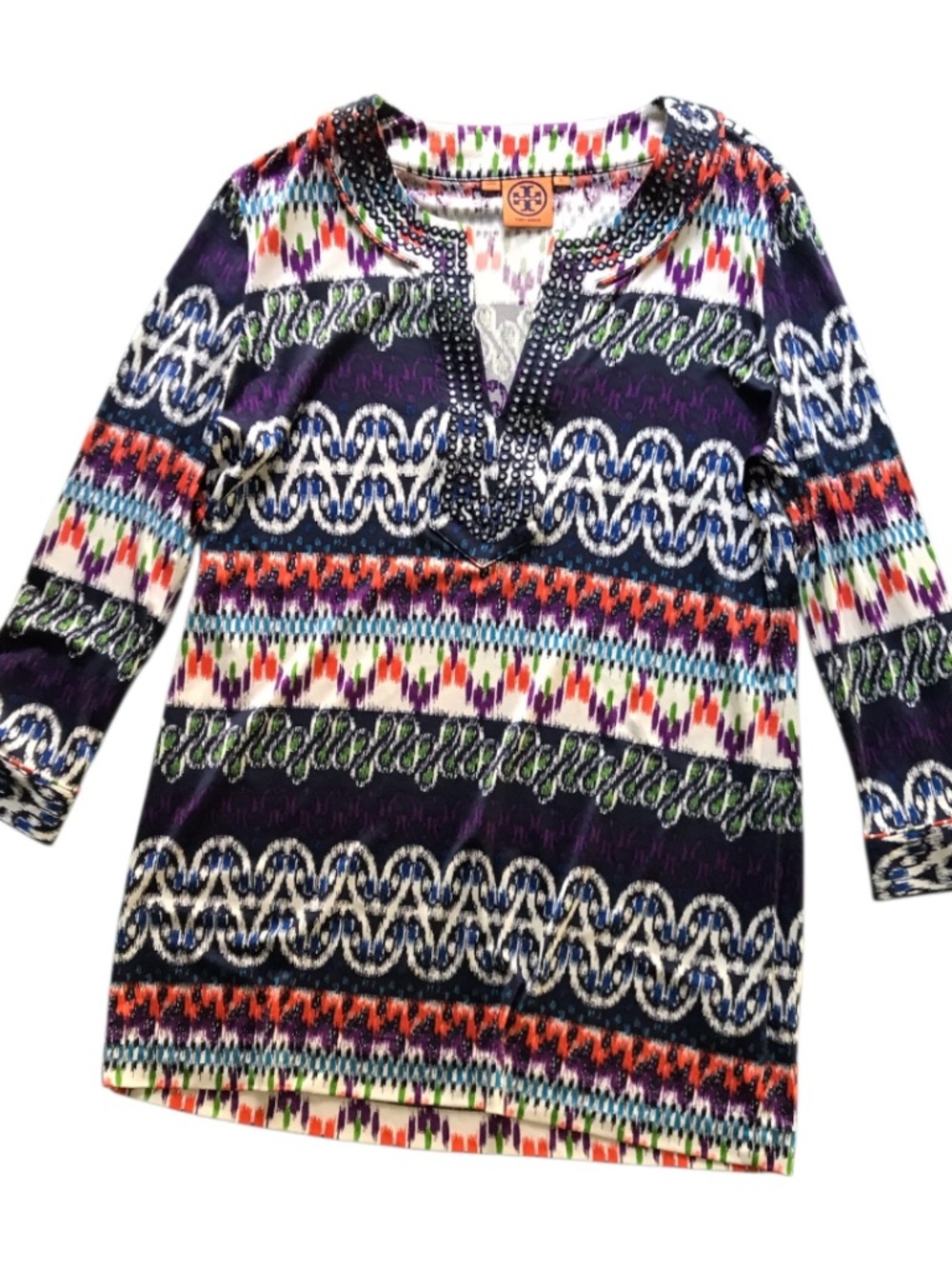 Tory Burch Multi Color Beaded Neck Silk Tunic Top - Size XL